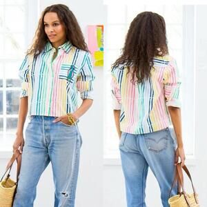 Kerri Rosenthal Joey Beach Stripes Shirt Button Down Blouse Cotton Top Size XS